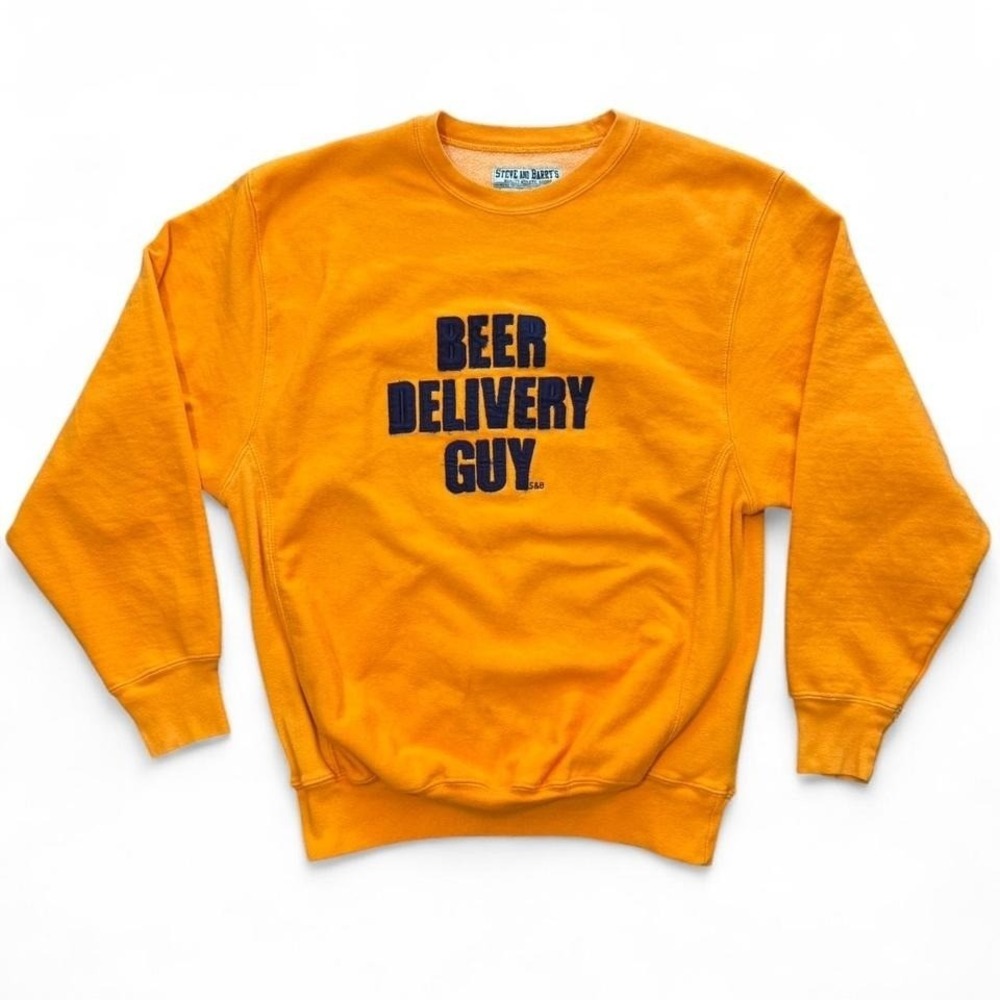 Vintage 90s Steve & Barrys Beer Delivery Guy Yellow Reverse Weave Crewneck M 21"